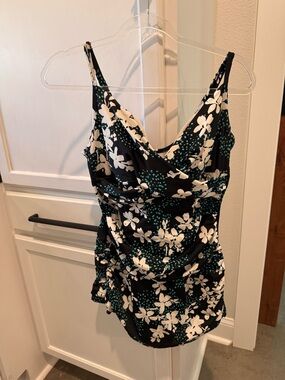 Black Floral sim suit/ dress with Teal Accents